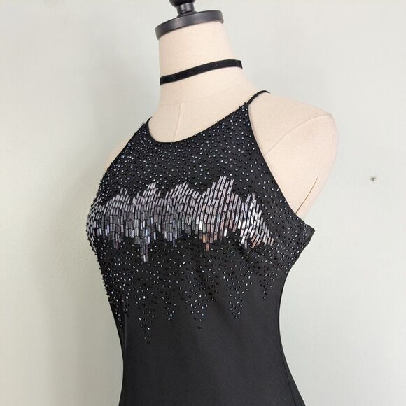 Vintage Maxi Dress Prom Gown Slip Beaded 90S Y2K Cachet Black Silver Formal 6 - Picture 2 of 11